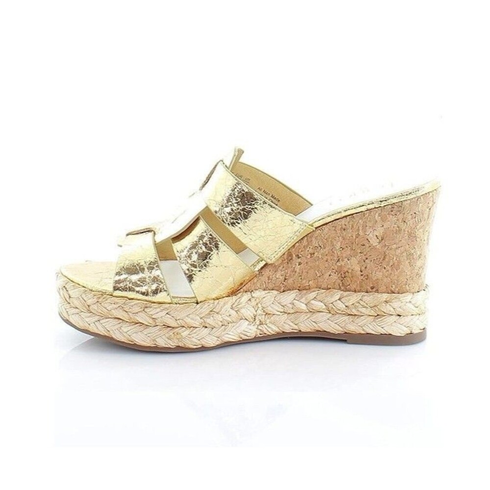 Franco Sarto Womens 9.5 M Gold Fioret Leather Strappy Wedge Sandals NIB YT4